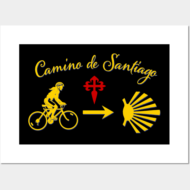 Camino de Santiago Typography Woman Riding a Bicycle Yellow Arrow Scallop Shell Red Cross Wall Art by Brasilia Catholic